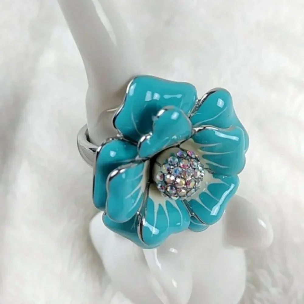 Blue Flower Statement Chunky Ring Stainless Steel Nickel Free Hypoallergenic